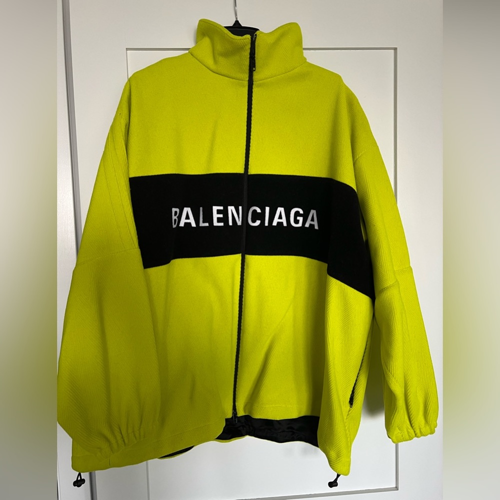 NWT Balenciaga Logo Yellow Fluo Wool Oversized Jacket Drawcord Hem 571439